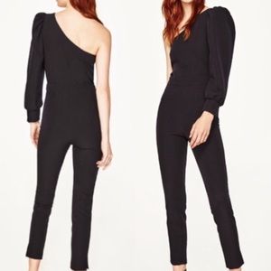 ZARA Black One Shoulder Jumpsuit Puffed Sleeve